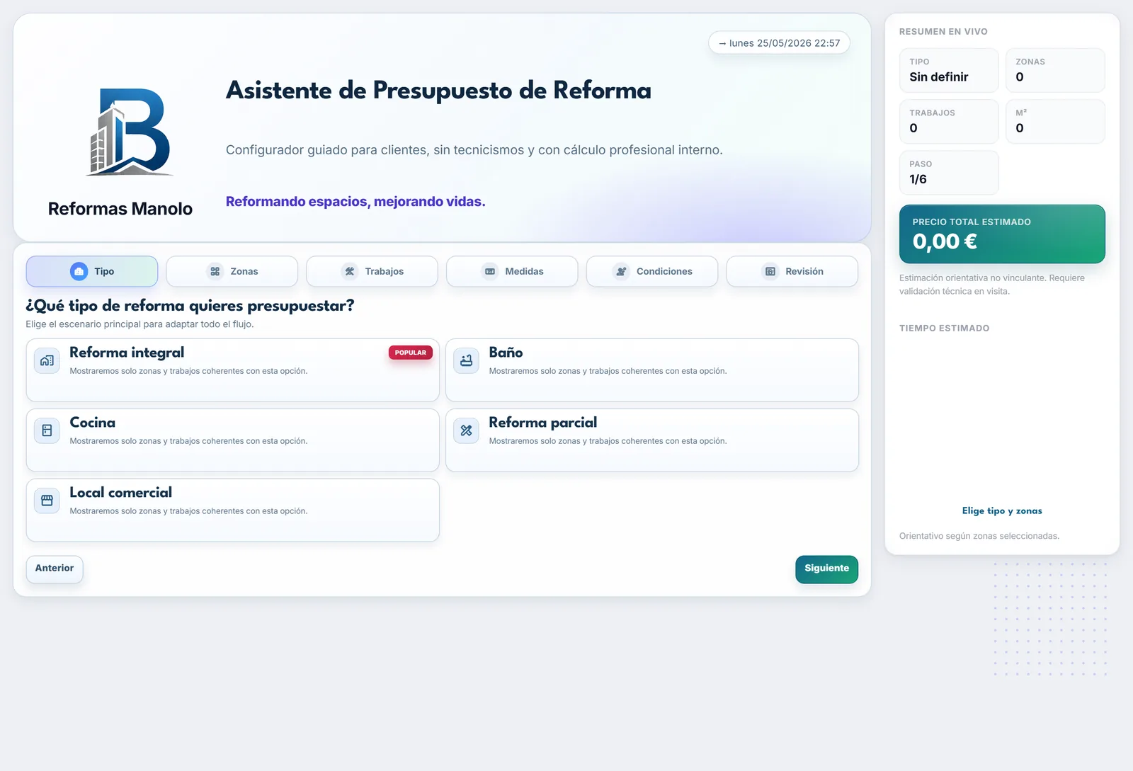 El cliente rellena el asistente de presupuesto con la marca de la empresa
