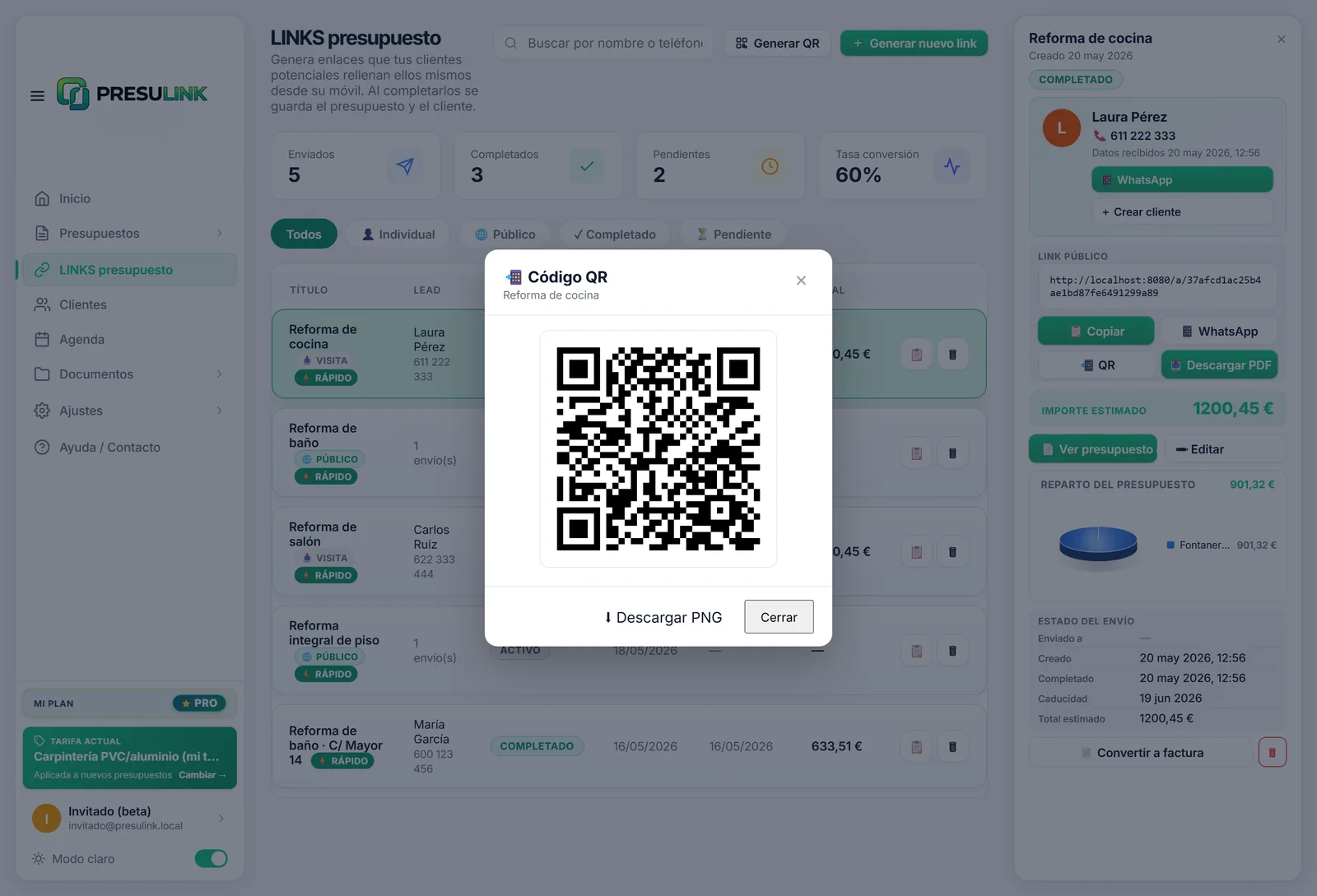 Generación del enlace y código QR del autopresupuesto en PRESULINK