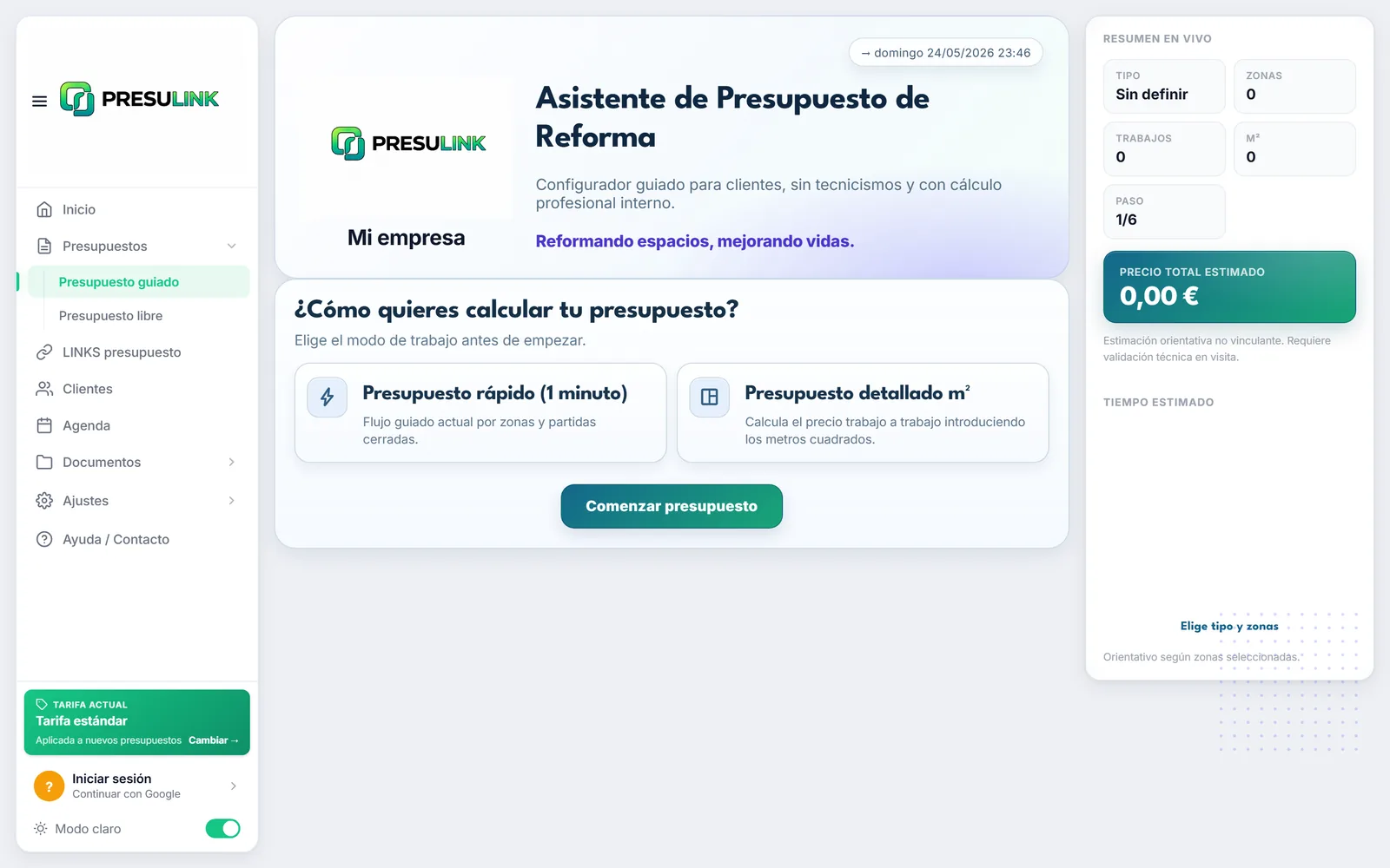 Asistente de presupuesto de reforma de PRESULINK